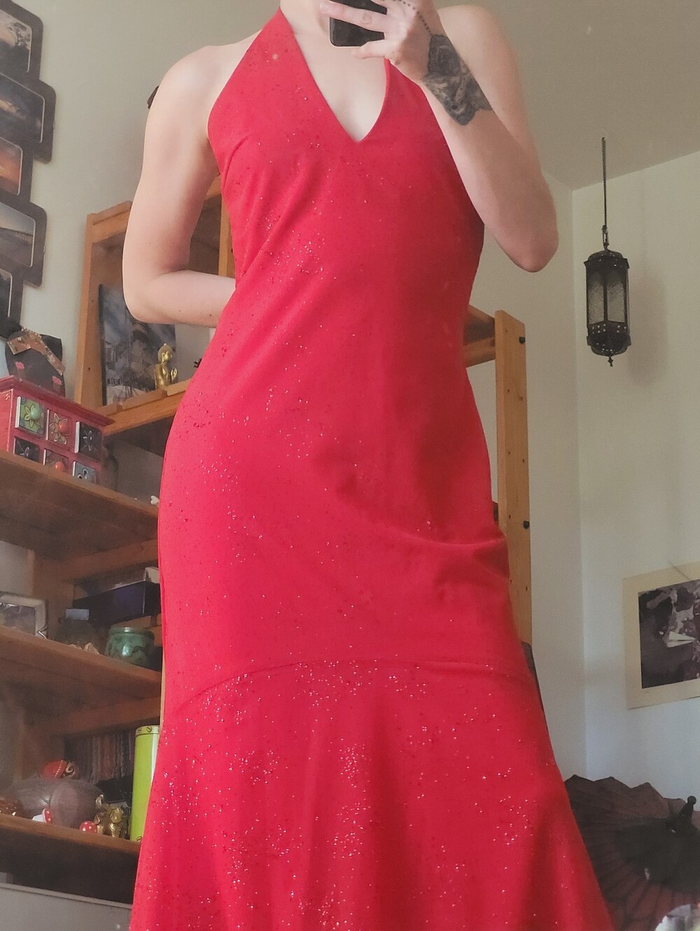 Jessica McClintock Vintage Gunne Sax Y2k Red Halter Maxi Dress Sparkle - 9